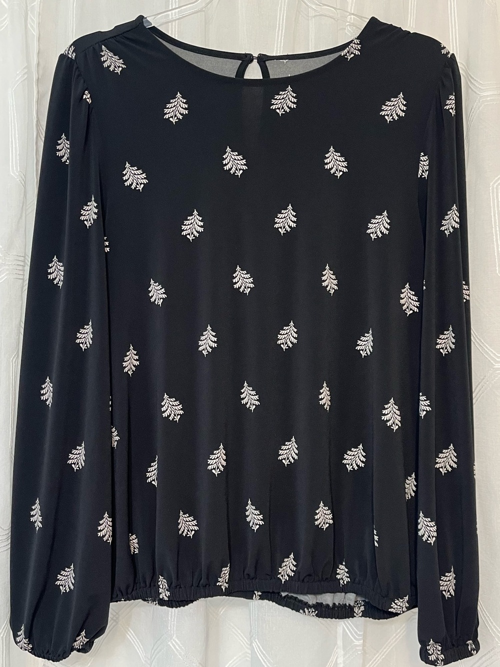 LOFT Black Leaf Print Long Sleeve Blouse L